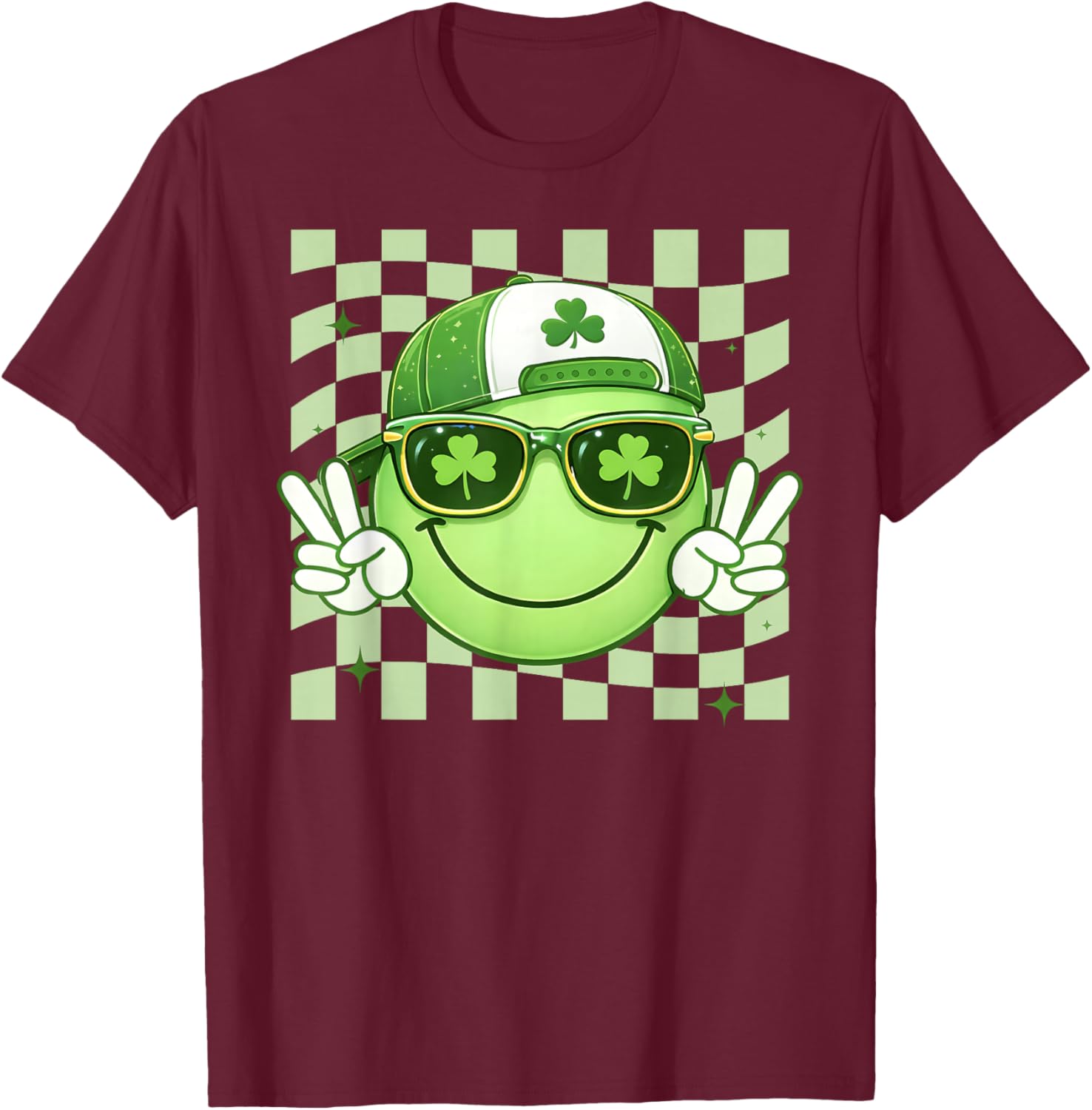 Groovy St Patrick's Day Shamrock Smile Face Boy Men Kid T-Shirt - T-Shirt | Maroon