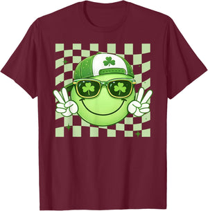 Groovy St Patrick's Day Shamrock Smile Face Boy Men Kid T-Shirt - T-Shirt | Maroon