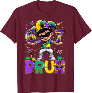 67 Six Seven Bruh Mardi Gras Jester Hat Beads Fleur De Lis T-Shirt - T-Shirt | Maroon