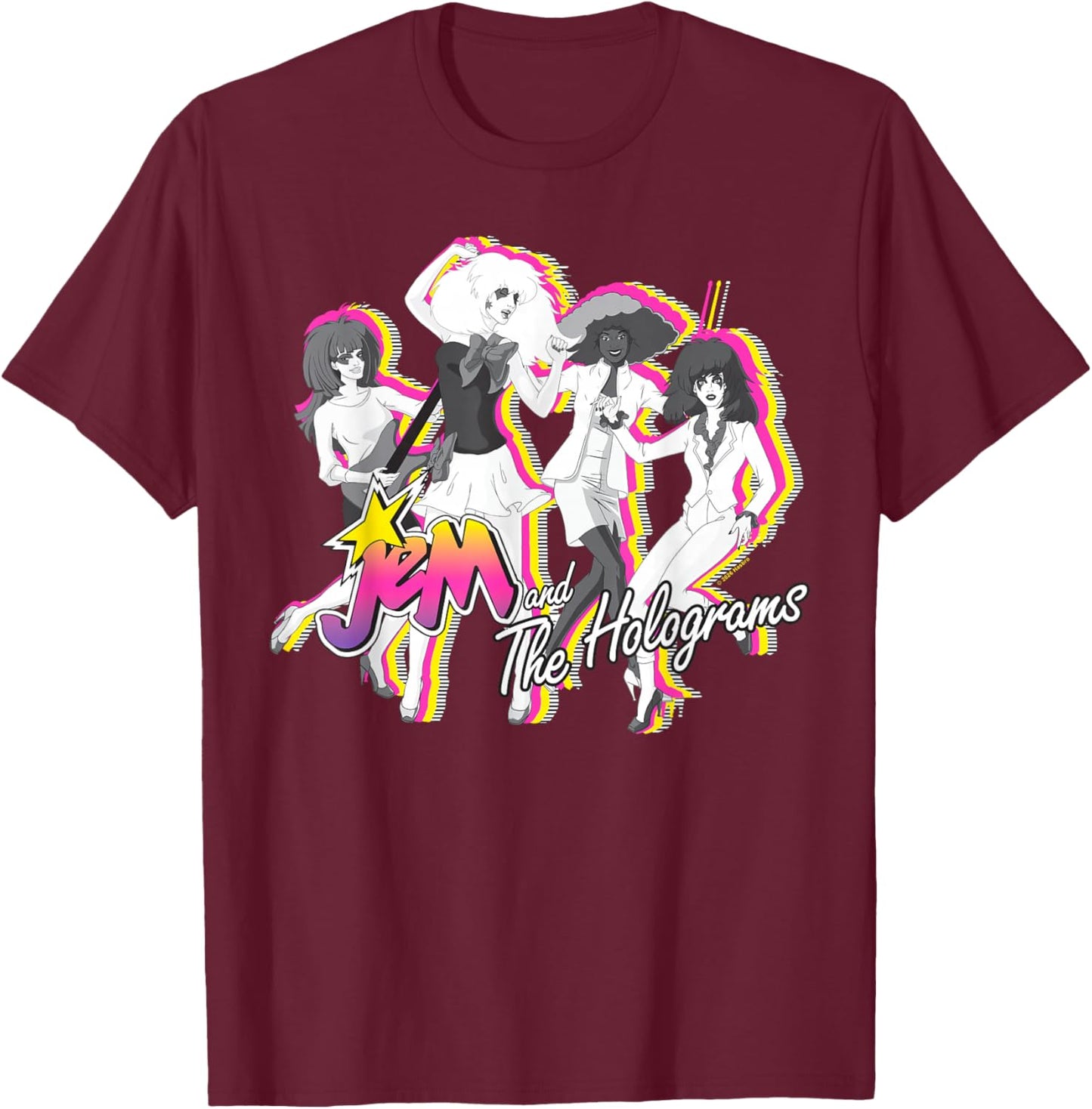 Jem and The Holograms Full Band Colorful Layered Silhouettes T-Shirt - T-Shirt | Maroon