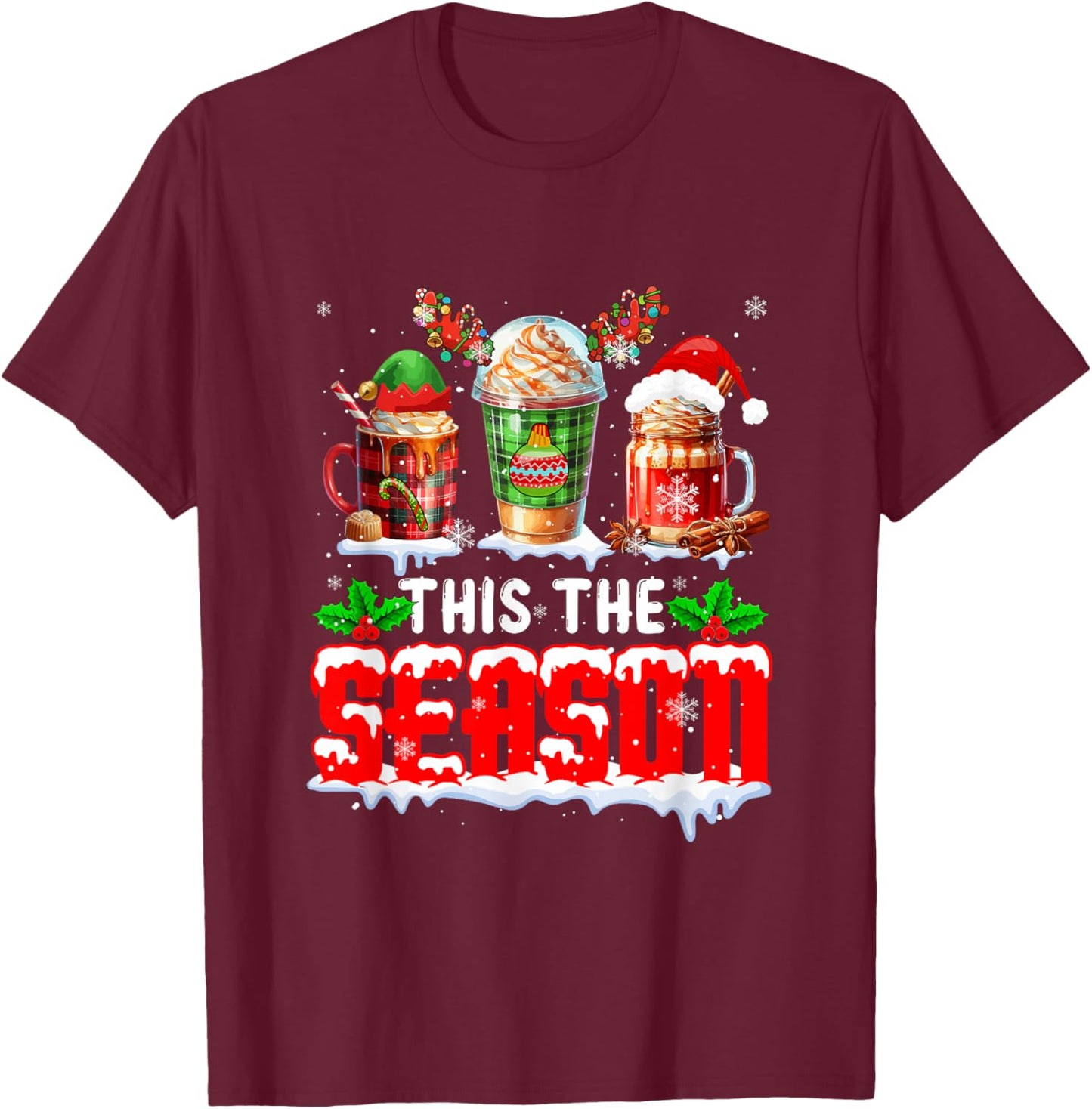 The Season Christmas Three Santa Reindeer Elf Coffee Cups T-Shirt - T-Shirt | Maroon