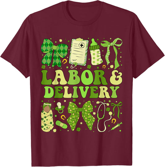St Patricks Labor and Delivery Nurse Coquette L&D Patrick’s T-Shirt - T-Shirt | Maroon