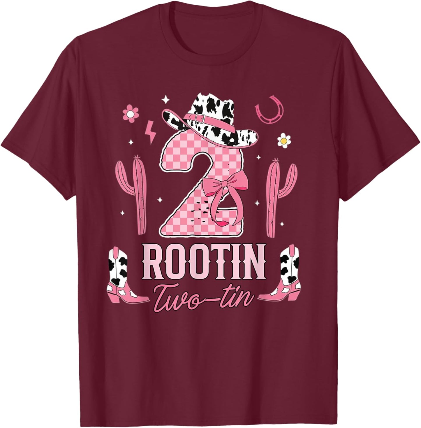 Rootin Two-tin Cowgirl Coquette Pink Bow 2nd Birthday Girl T-Shirt - T-Shirt | Maroon