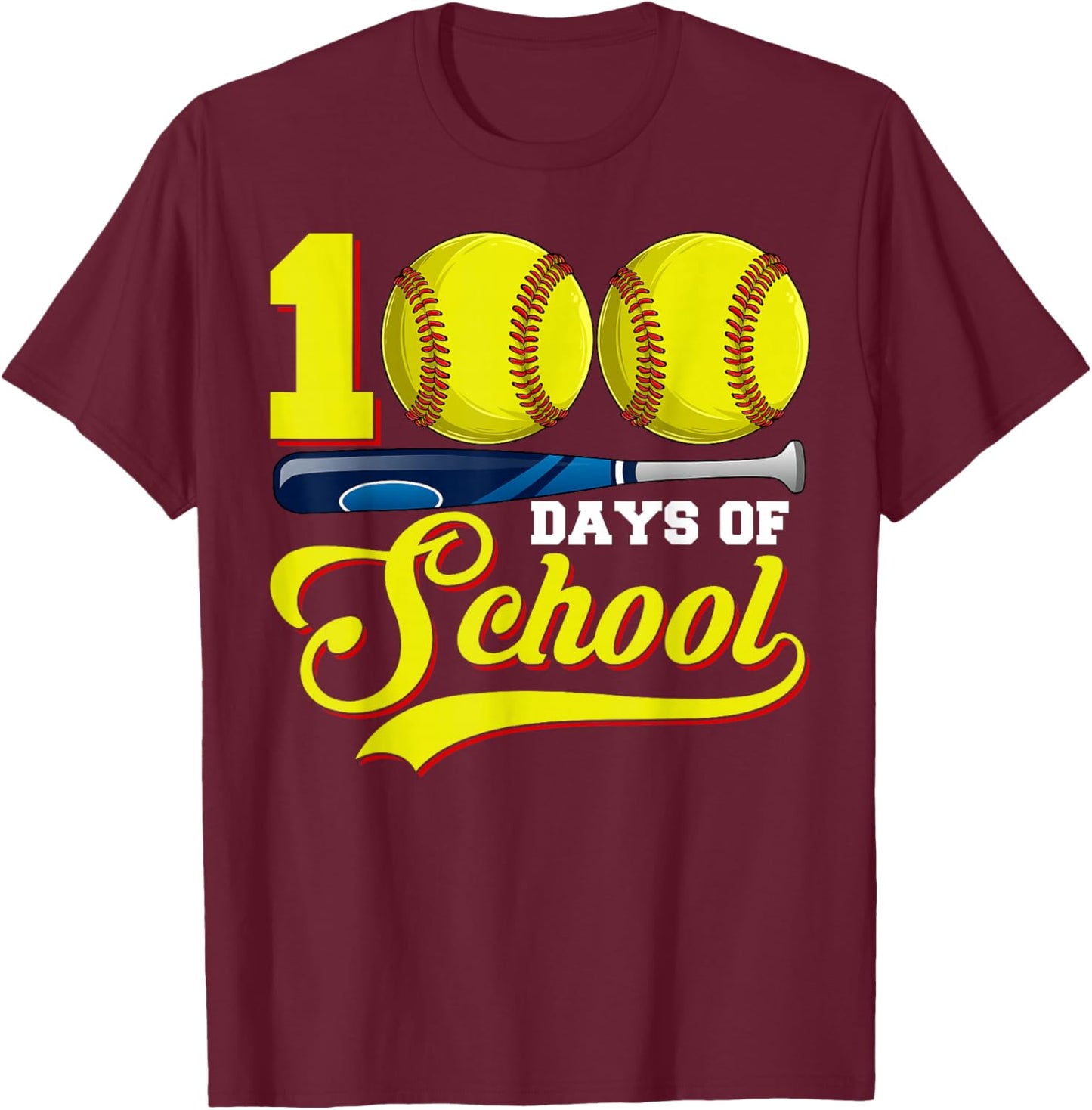 100 Days of School Softball Happy 100th Day of School Boys T-Shirt - T-Shirt | Maroon