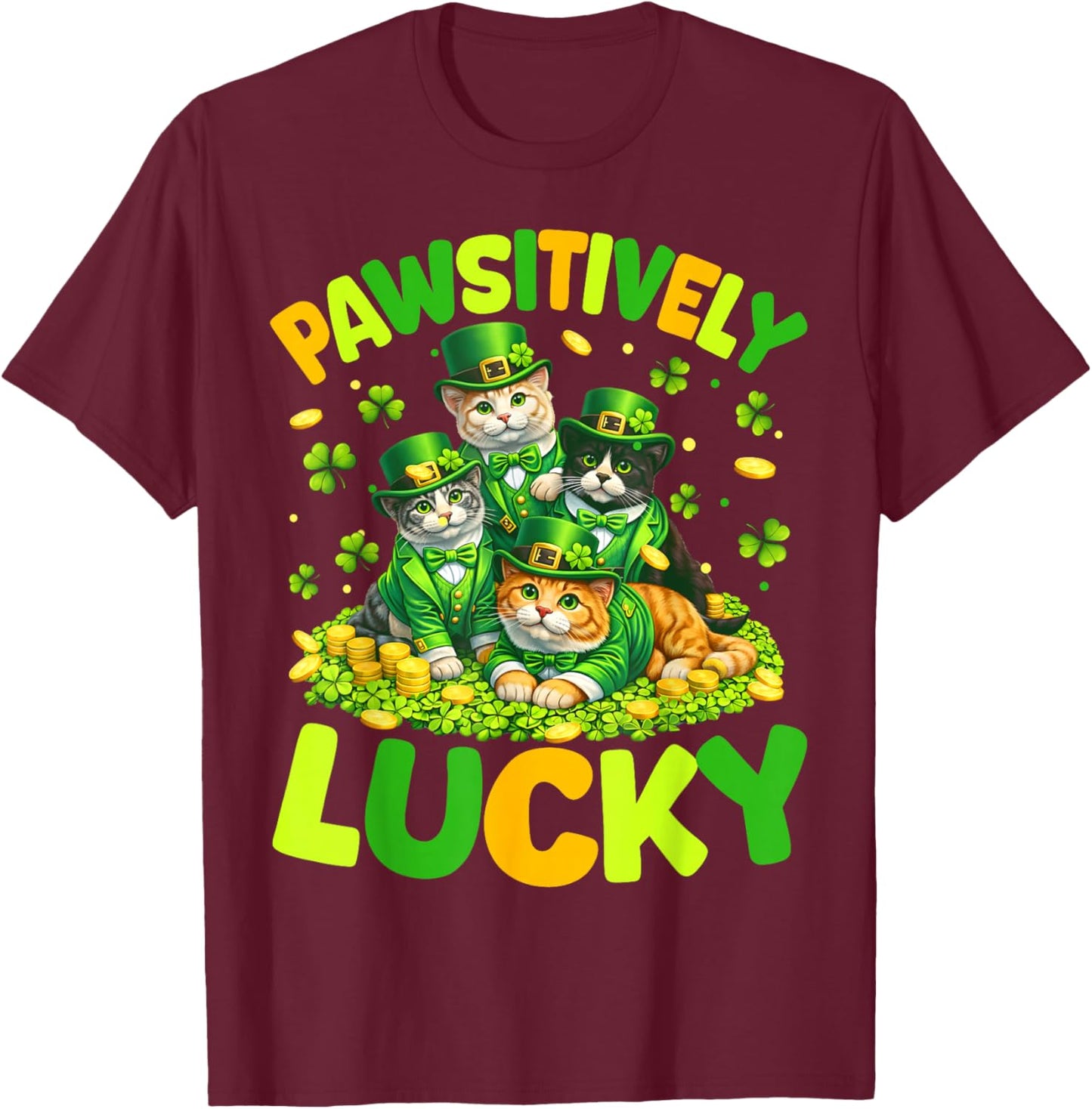 Pawsitively Lucky Cats St Patricks Day Cat Lover Women Kids T-Shirt - T-Shirt | Maroon