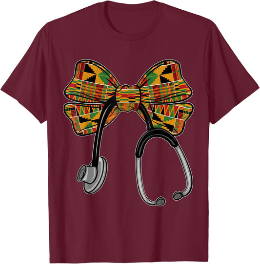 Coquette Bow Stethoscope Nurse Black History Month T-Shirt - T-Shirt | Maroon