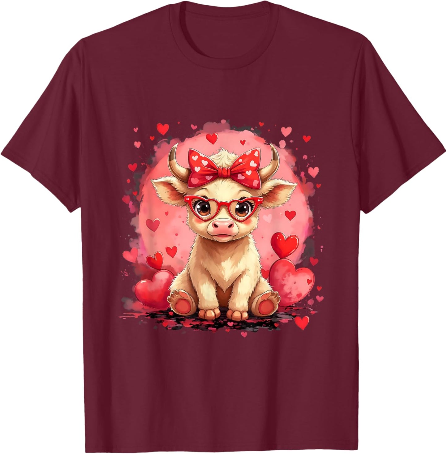 Funny Girl Cute Valentine Highland Cow Heart Glasses Love T-Shirt - T-Shirt | Maroon