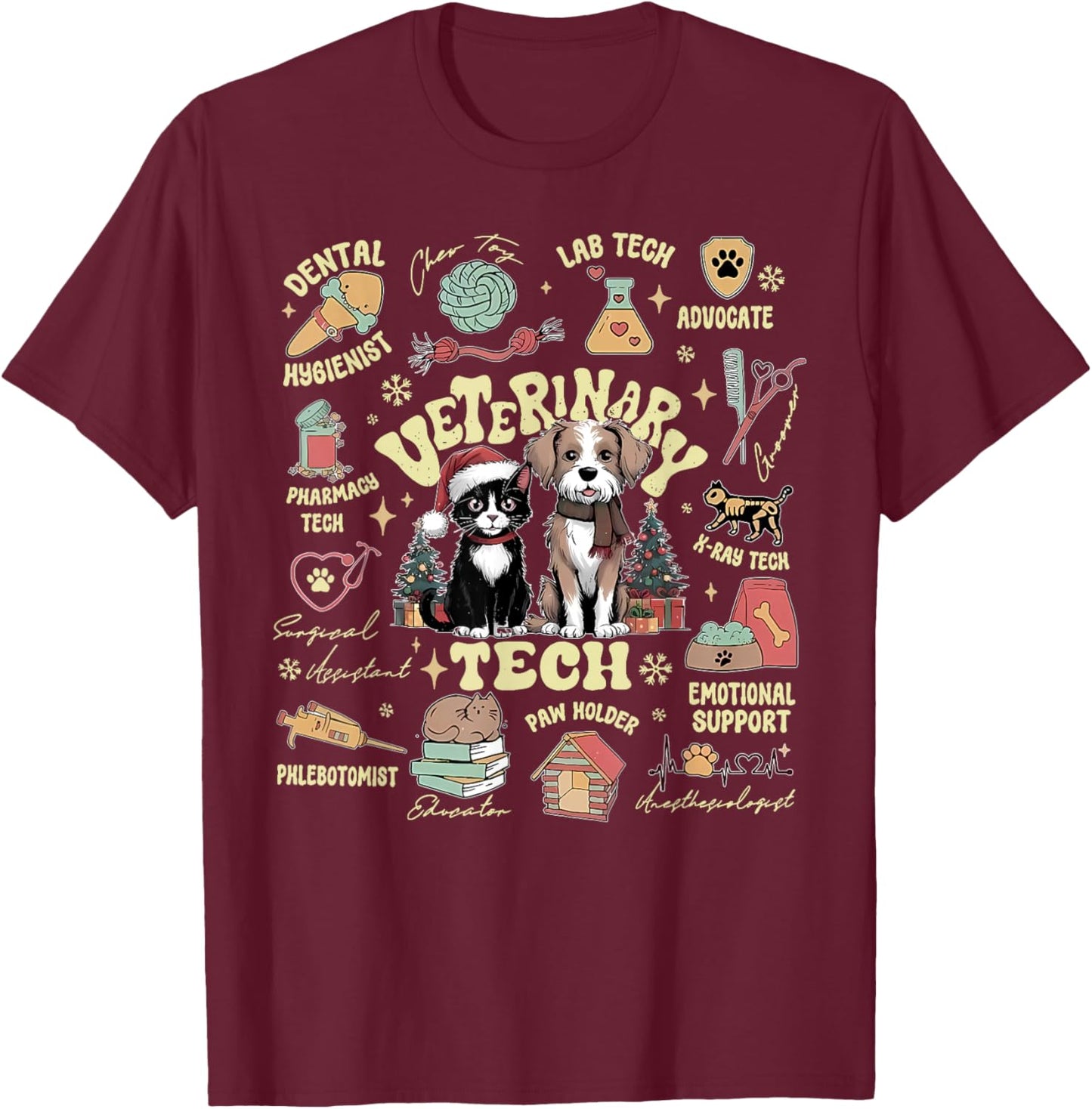 Vet Tech Nurse Veterinary Medicine Christmas Animal Doctor T-Shirt - T-Shirt | Maroon