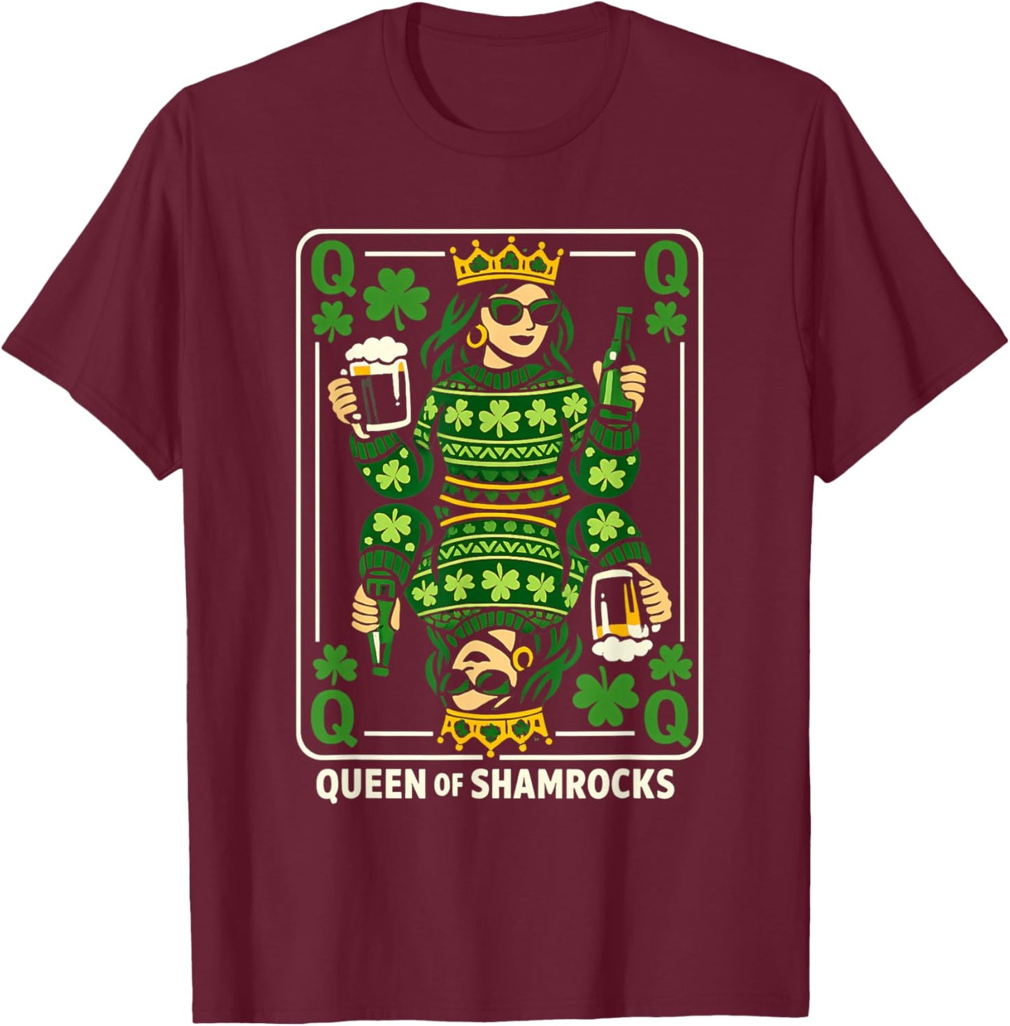 Queen of Shamrocks Shirt St Patrick’s Day Queen Playing Card T-Shirt - T-Shirt | Maroon
