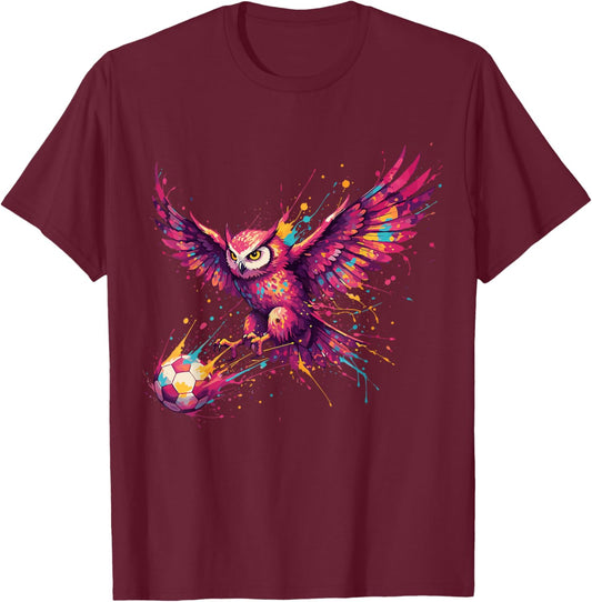 Soccer Player Owl Art Paint Splatter T-Shirt - T-Shirt | Maroon