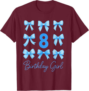 8 Year Old Aesthetic Girl Birthday Blue Coquette Bow T-Shirt - T-Shirt | Maroon