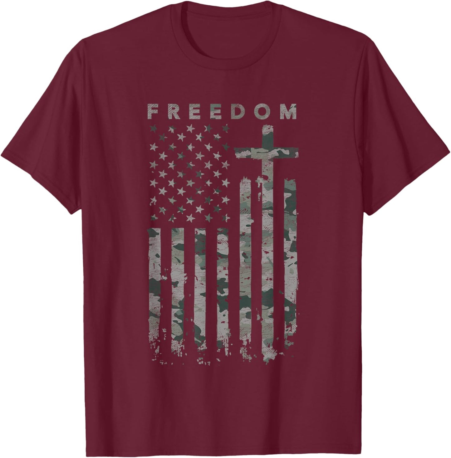 Freedom American Flag Cross Camo T-Shirt - T-Shirt | Maroon
