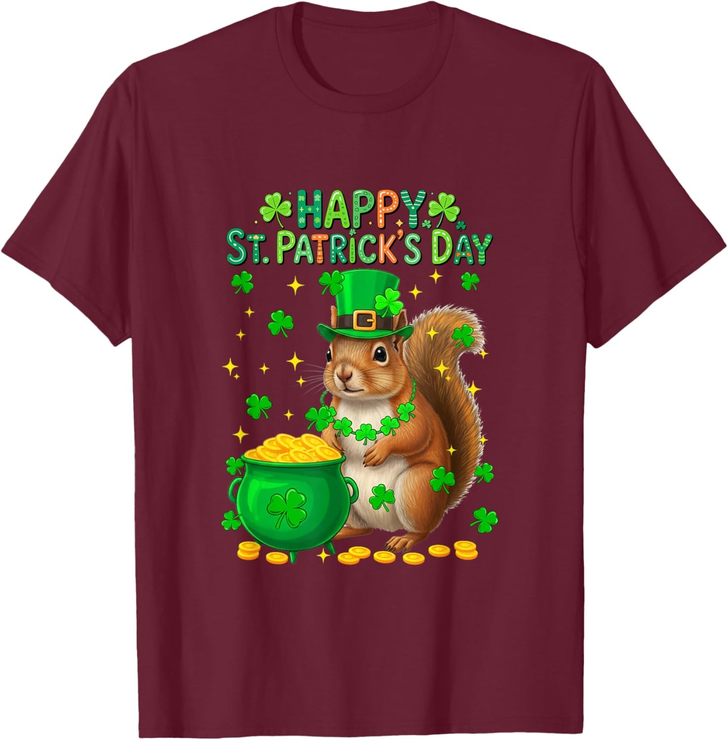 Happy St. Patrick's Day Squirrel Shamrocks Coins Lover Kids T-Shirt - T-Shirt | Maroon