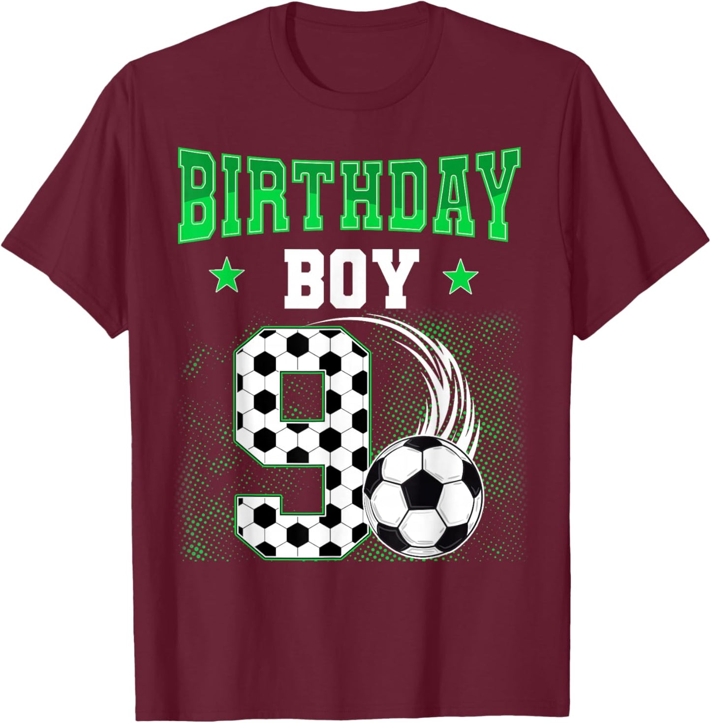 Funny 9th Birthday Boy Soccer Theme Party 9 Year Old Kids T-Shirt - T-Shirt | Maroon