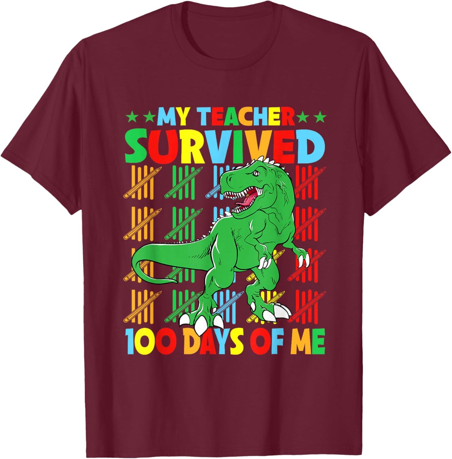 100th Day of School My Teacher Survived Dinosaur Boys Dino T-Shirt - T-Shirt | Maroon
