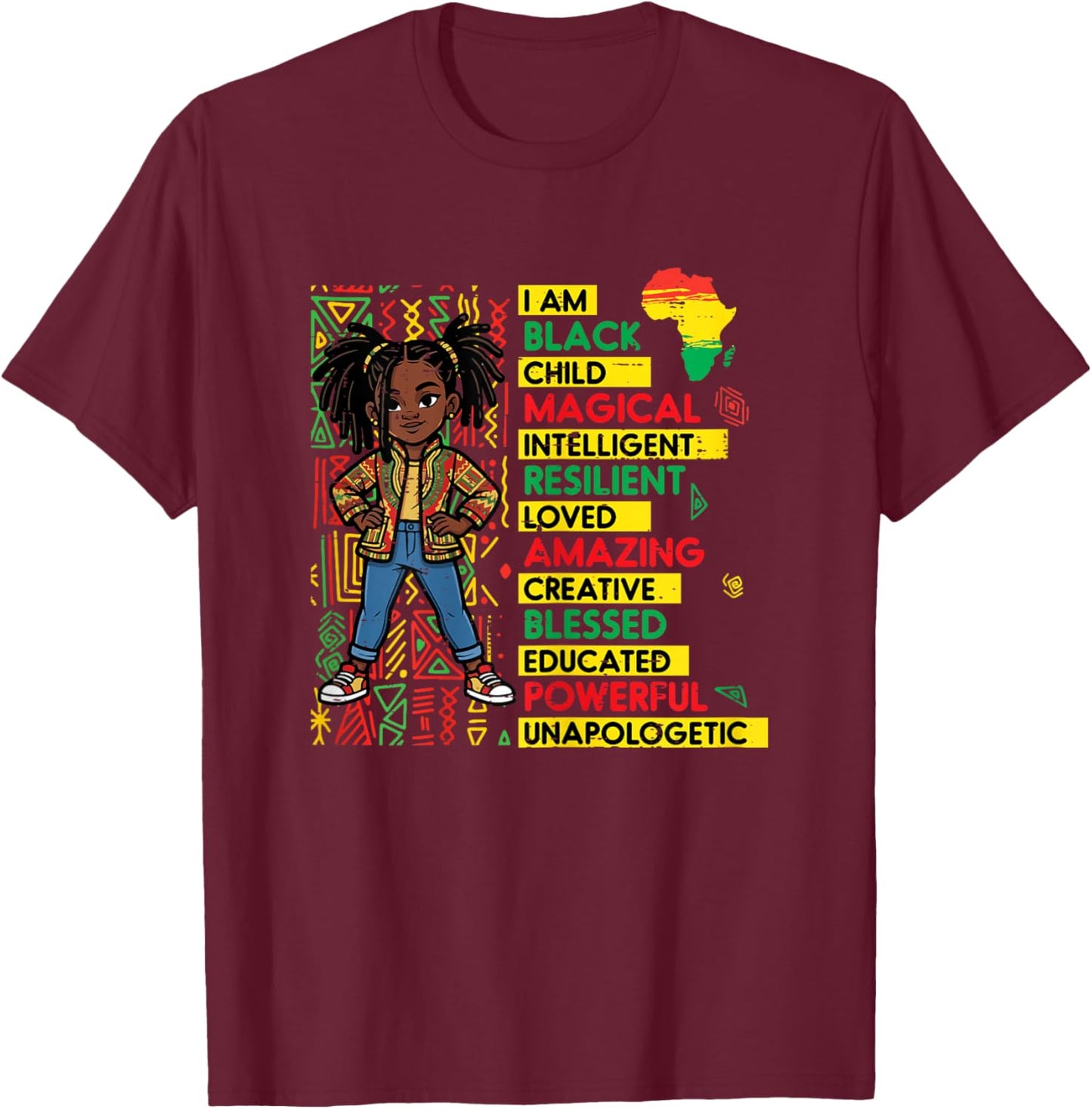 I Am Black Child Magical Intelligent African Girl Girls Kids T-Shirt - T-Shirt | Maroon