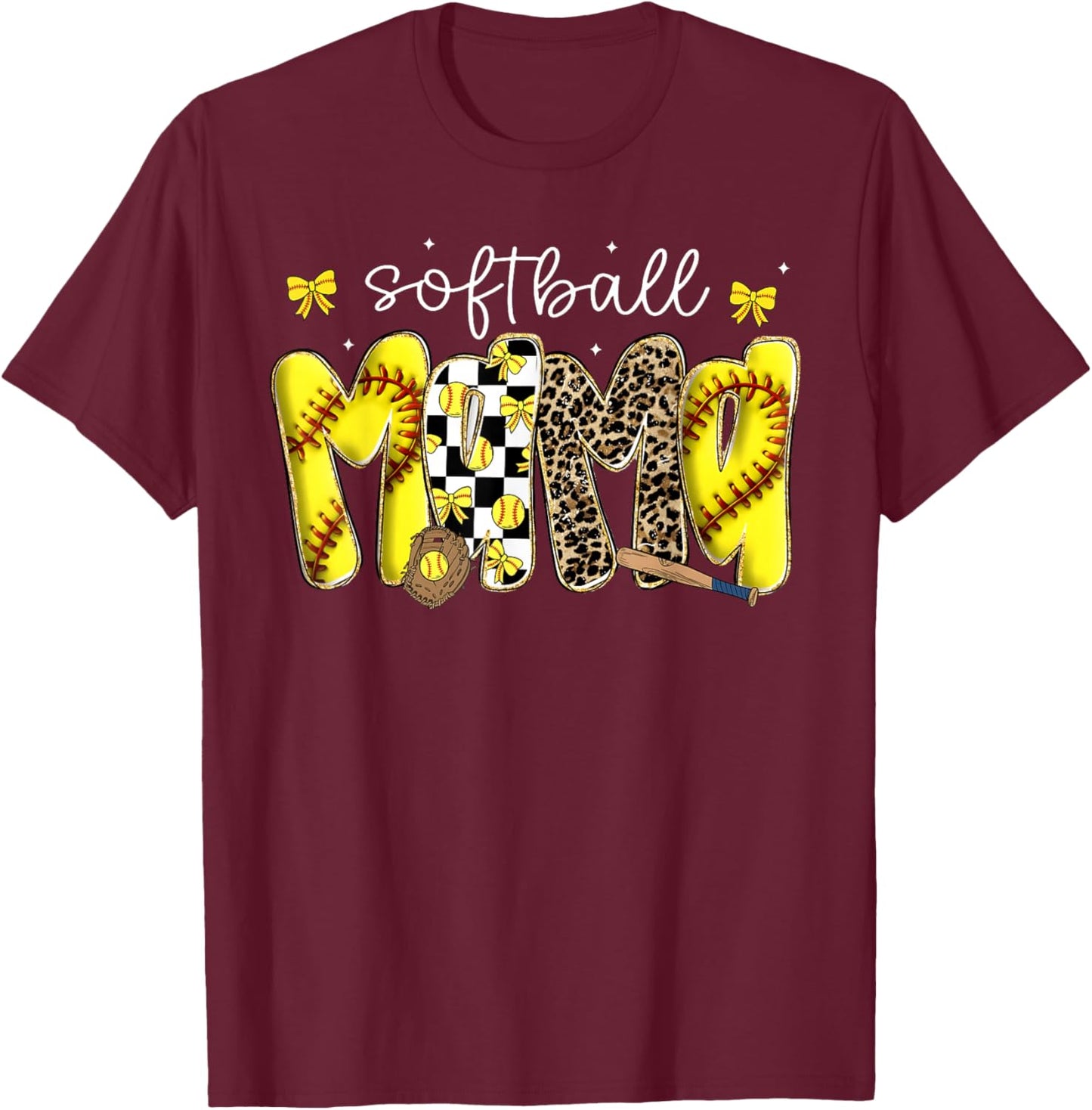 Softball Mama Leopard Coquette Bow Mom Mother Women T-Shirt - T-Shirt | Maroon