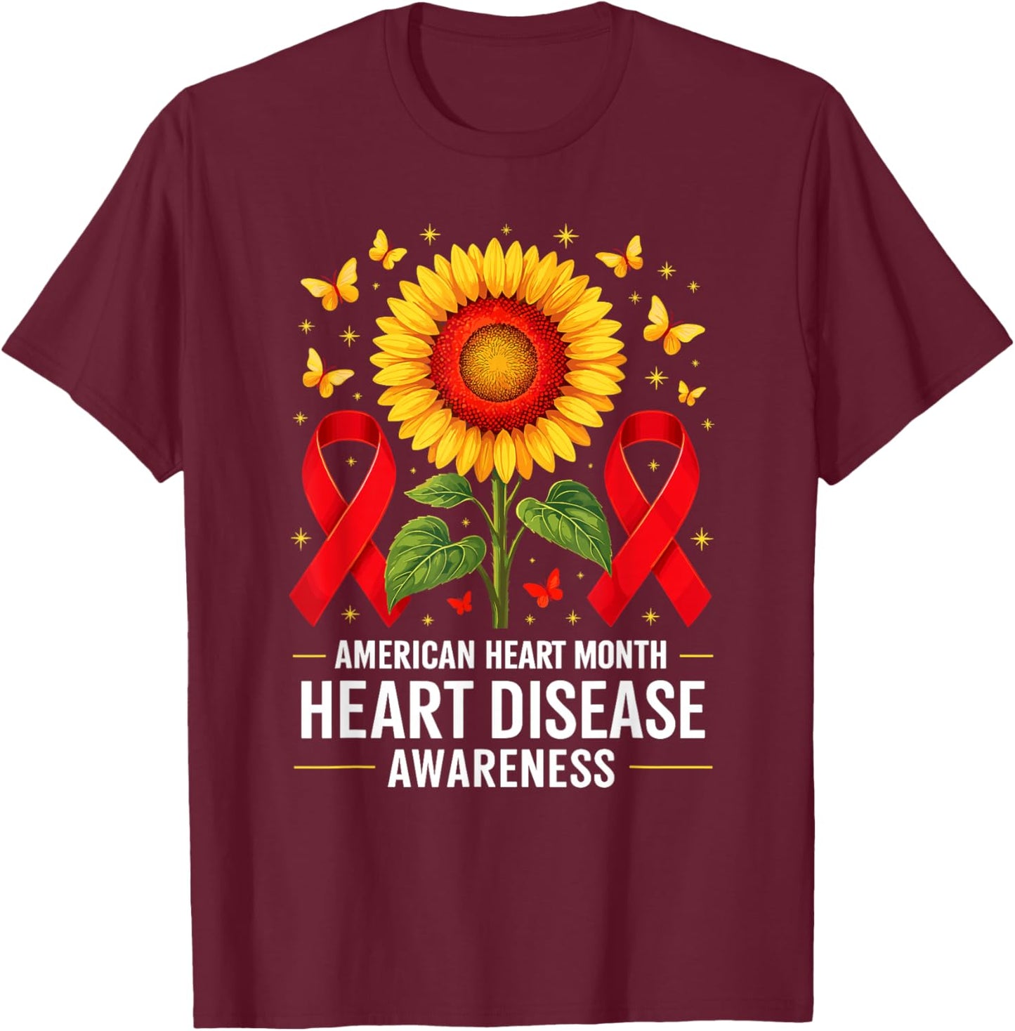 American Heart Disease Awareness Month Ribbon Red Heart T-Shirt - T-Shirt | Maroon
