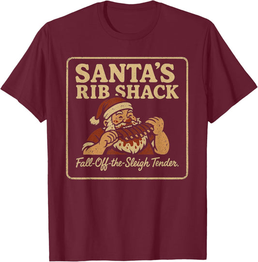 Santa’s Rib Shack BBQ Retro Holiday Design T-Shirt - T-Shirt | Maroon