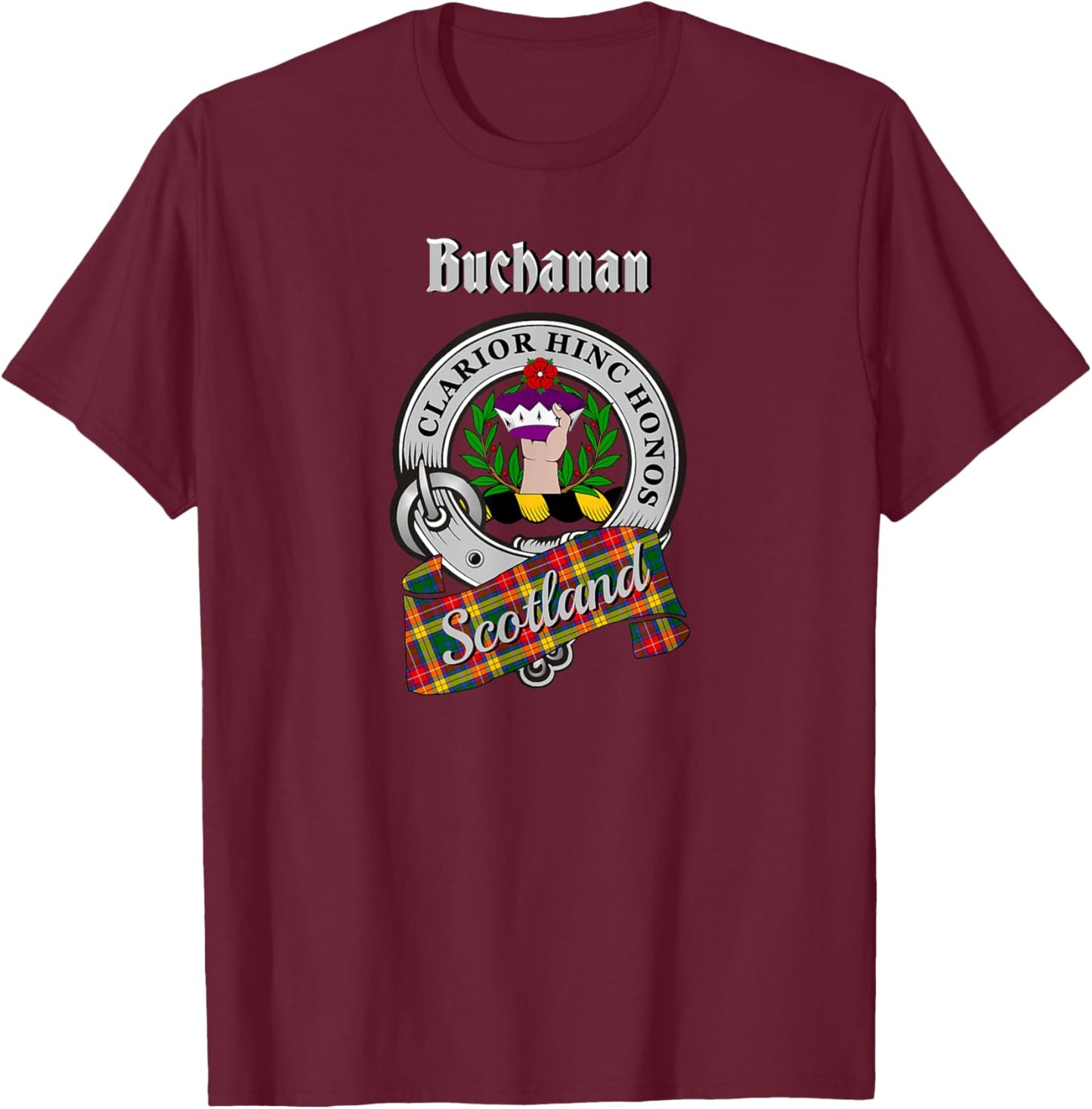 Buchanan Scottish Clan Badge & Tartan T-Shirt - T-Shirt | Maroon