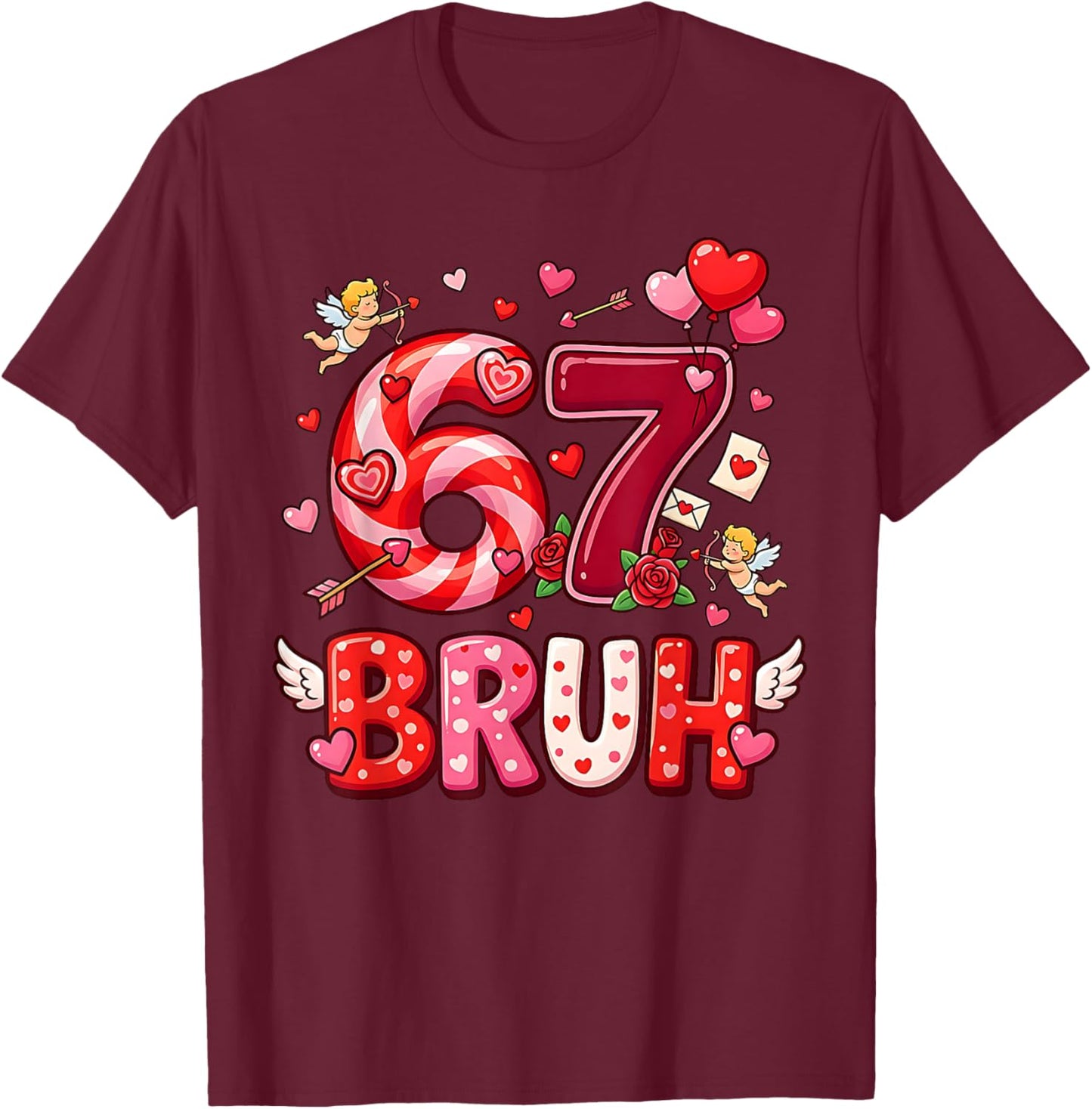 Six Seven 67 Bruh Meme Cool Valentine’s Day Heart Boys Kids T-Shirt - T-Shirt | Maroon