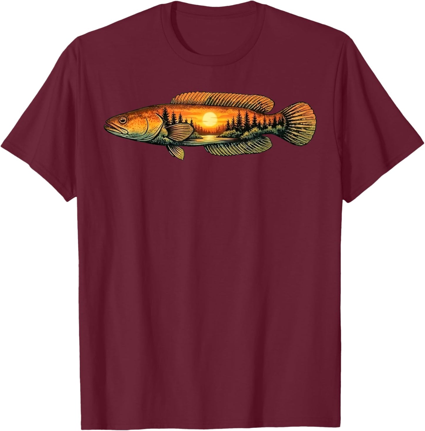 Snakehead Fishing Sunset Nature Landscape T-Shirt - T-Shirt | Maroon