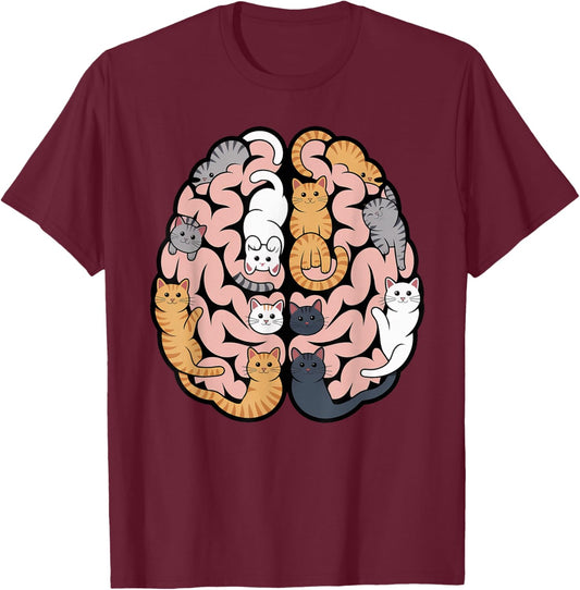 Funny Cat Brain Graphic Neuroscience Neurologist T-Shirt - T-Shirt | Maroon