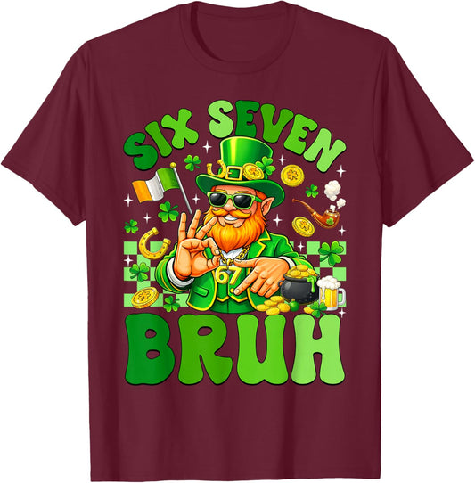 Six Seven Meme Leprechaun 6 7 Bruh St Patricks Day Boys Men T-Shirt - T-Shirt | Maroon
