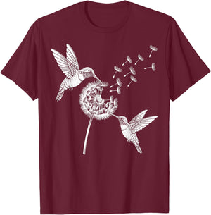Hummingbirds Dandelion Graphic Bird Flower Lover T-Shirt - T-Shirt | Maroon