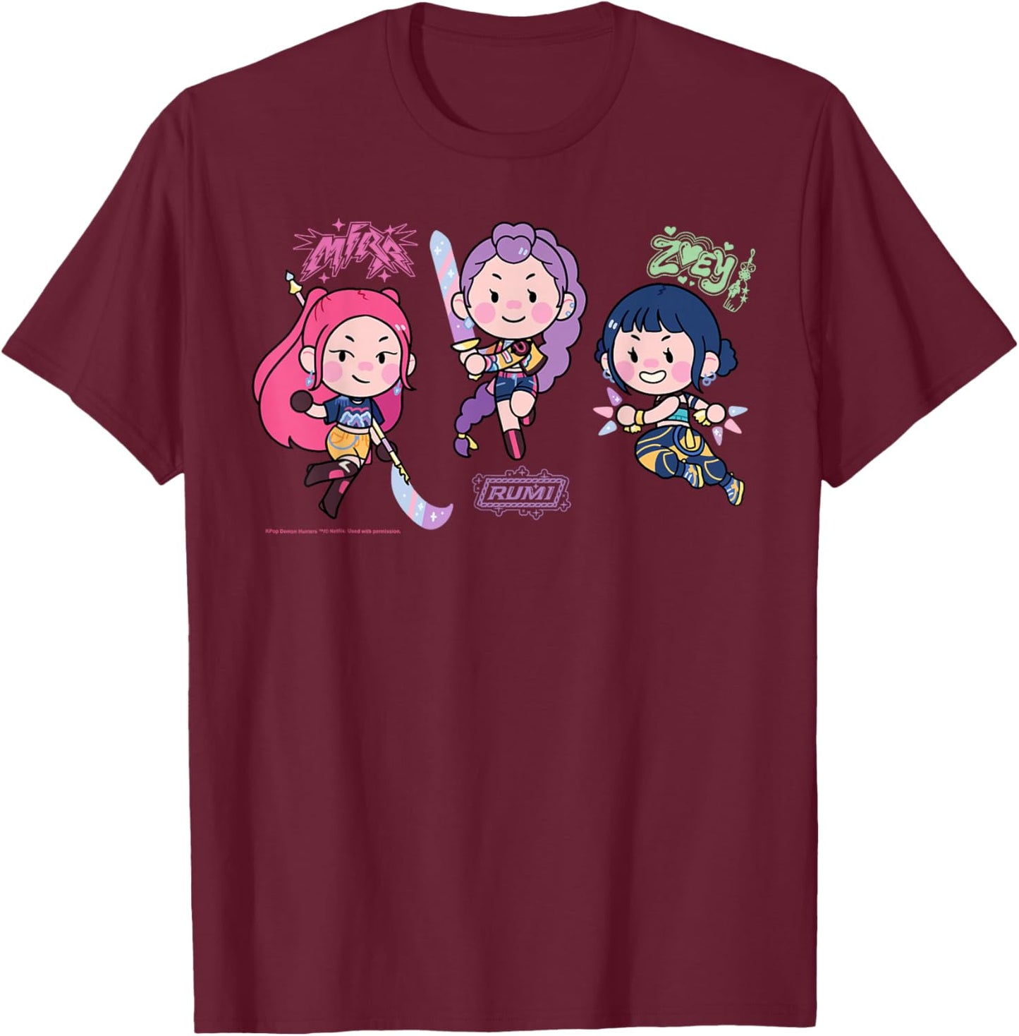 Kpop Demon Hunters Chibi Huntrix Mira Rumi and Zoey Cute T-Shirt - T-Shirt | Maroon