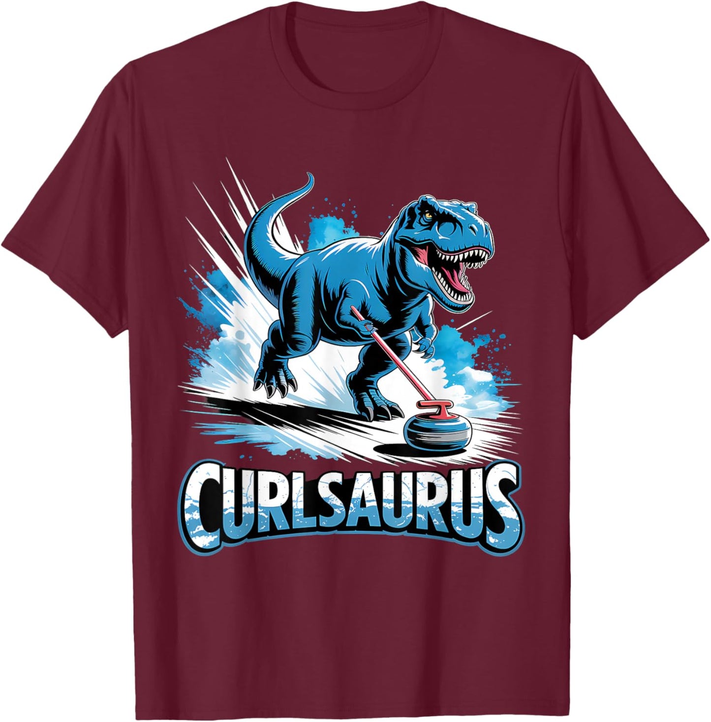 Curling Dinosaur Ice Curling Player T-Rex Dino Funny Curling T-Shirt - T-Shirt | Maroon