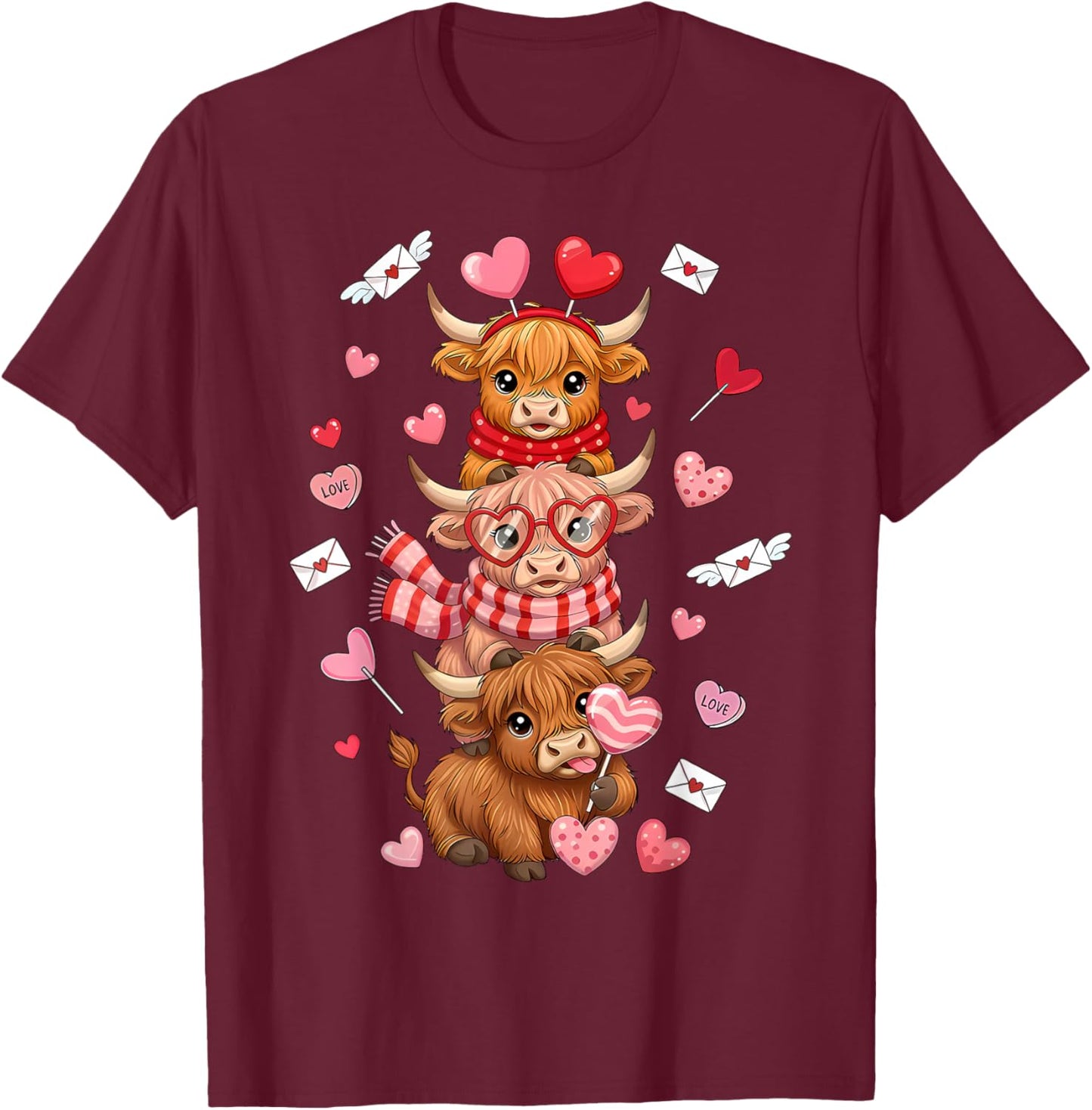 Cute Western Valentine Highland Cows with Hearts T-Shirt - T-Shirt | Maroon