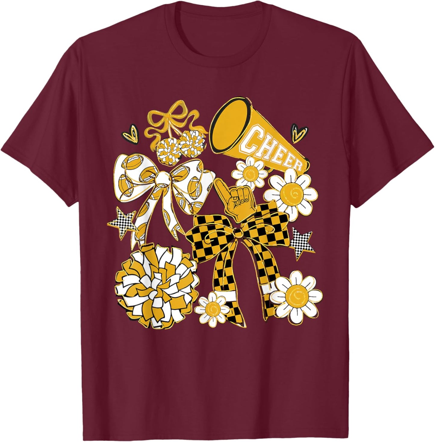 Coquette Bow Football Gold Black Game Cheer Mom Touchdown T-Shirt - T-Shirt | Maroon
