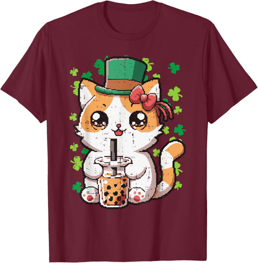 St Patricks Day Cat Boba Tea Irish Kawaii Japanese Women Kid T-Shirt - T-Shirt | Maroon