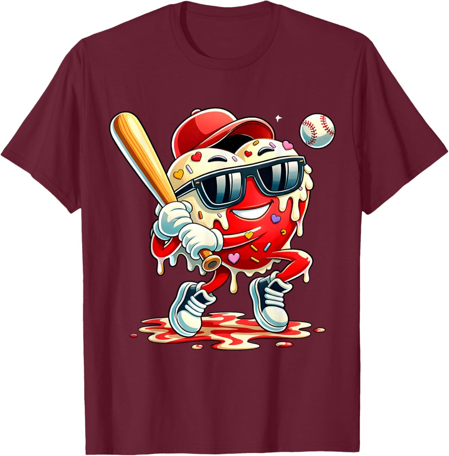 Valentines Day Heart Baseball Drip Ice Cream Boys Kids Men T-Shirt - T-Shirt | Maroon
