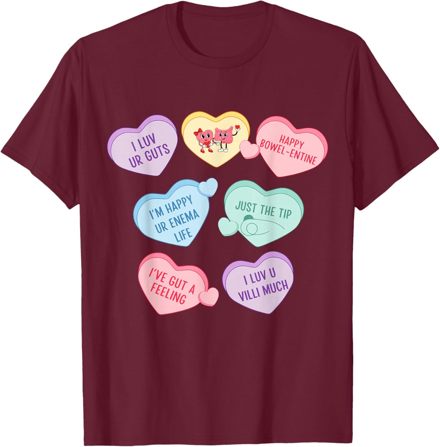 GI Nurse Valentine's Hearts Candy Gastroenterology Endo Tech T-Shirt - T-Shirt | Maroon