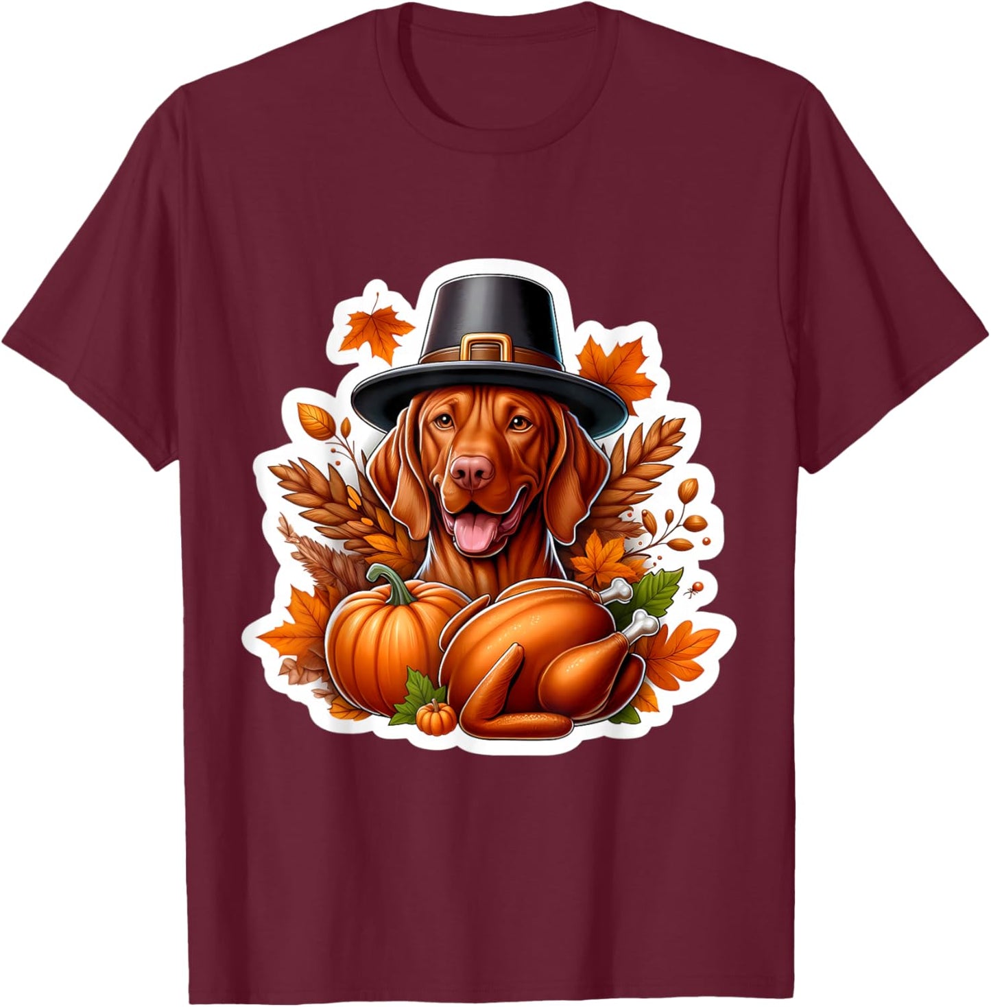 Thanksgiving Vizsla Dog Owner Lover Funny Pilgrim Turkey Mom T-Shirt - T-Shirt | Maroon