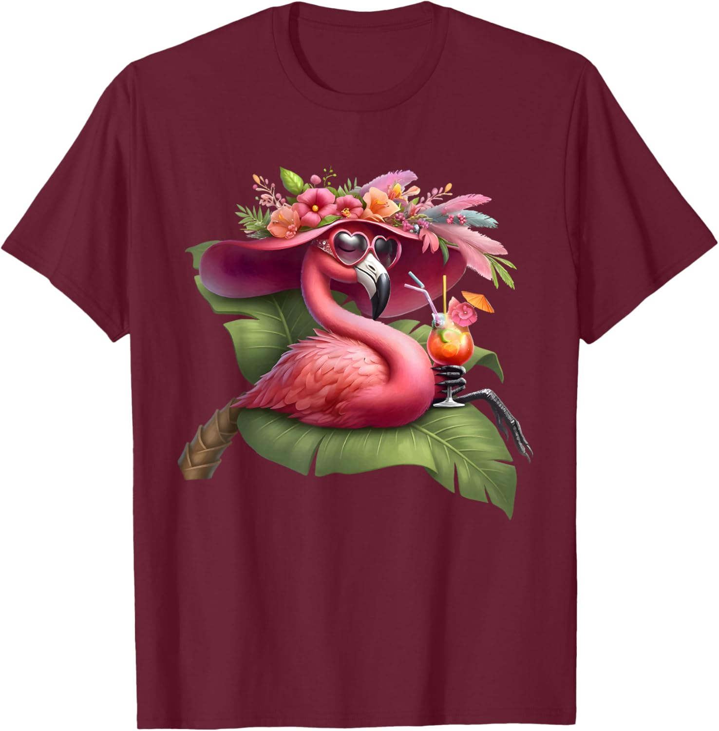 Flamingo Pink Palm Tree Tropical Beach Summer Vacation Women T-Shirt - T-Shirt | Maroon