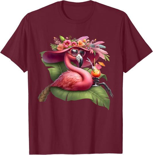 Flamingo Pink Palm Tree Tropical Beach Summer Vacation Women T-Shirt - T-Shirt | Maroon