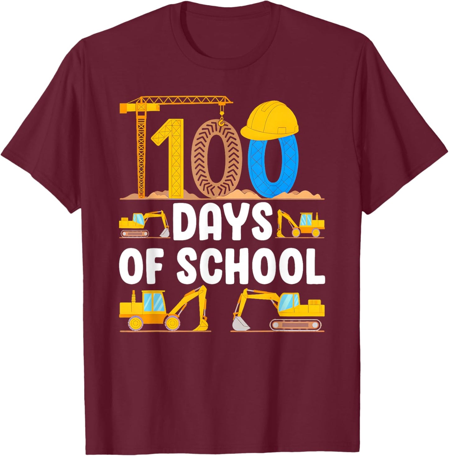 100 Days of School Construction Vehicle Boys Kids 100th Day T-Shirt - T-Shirt | Maroon