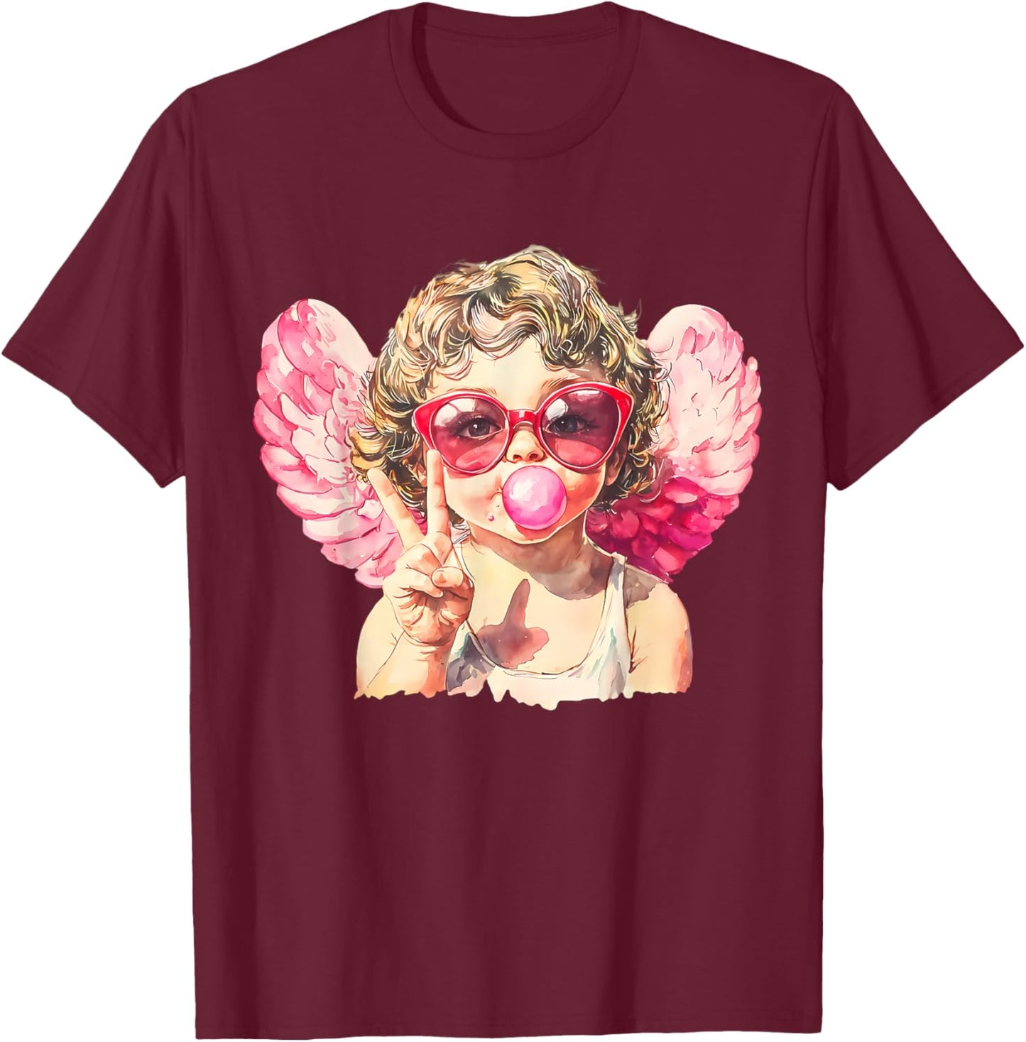 Pink Funny Sunglasses Cupid Blowing Bubble Gum Valentines T-Shirt - T-Shirt | Maroon