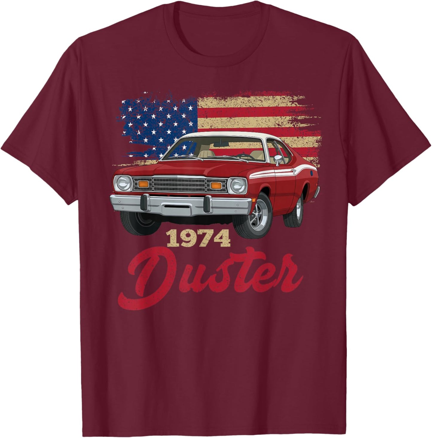 1974 74 Duster Silhouette Muscle Car American Flag T-Shirt - T-Shirt | Maroon