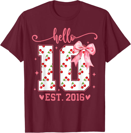 Hello Ten 10th Birthday Cherry 10th Bday Girl Double Digits T-Shirt - T-Shirt | Maroon