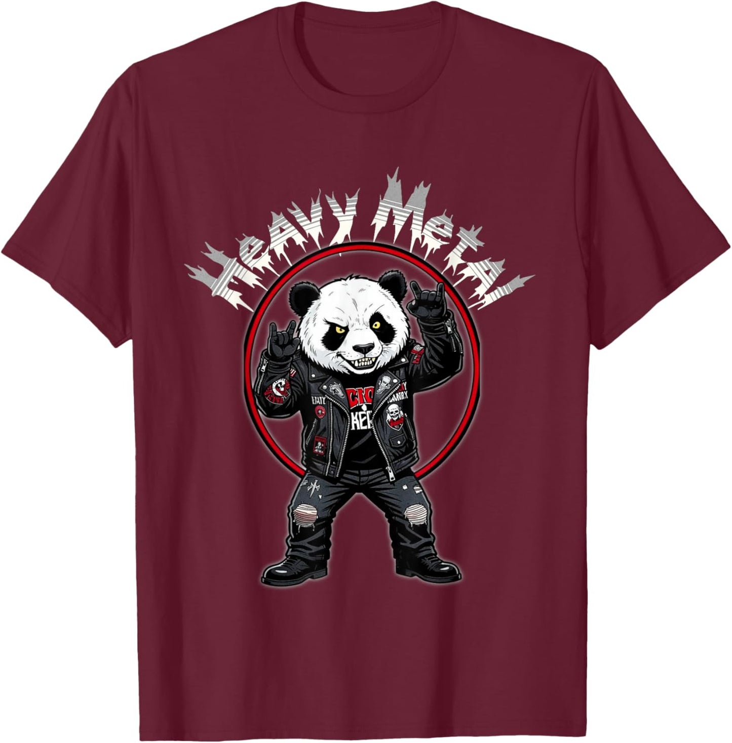Animal Funny Panda Bear Heavy Metal Rock Music Metal Hand T-Shirt - T-Shirt | Maroon