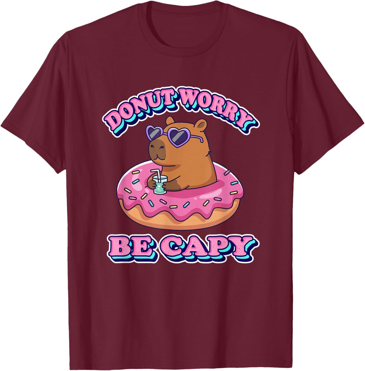 Kawaii Kids Girls Donut Don't Worry Be Capy Lover T-Shirt - T-Shirt | Maroon