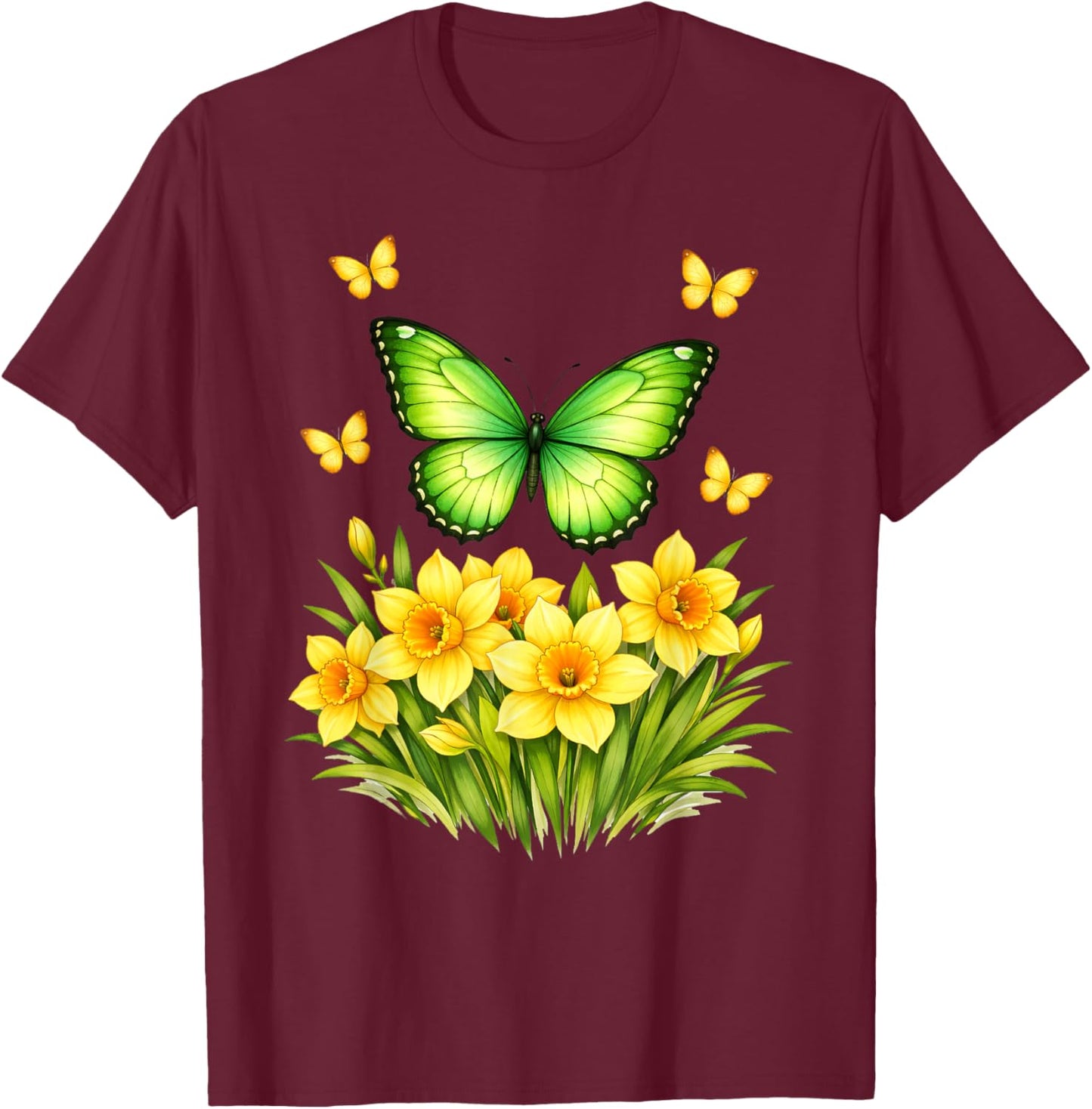 Daffodil Butterfly Flower Gardening Floral T-Shirt - T-Shirt | Maroon