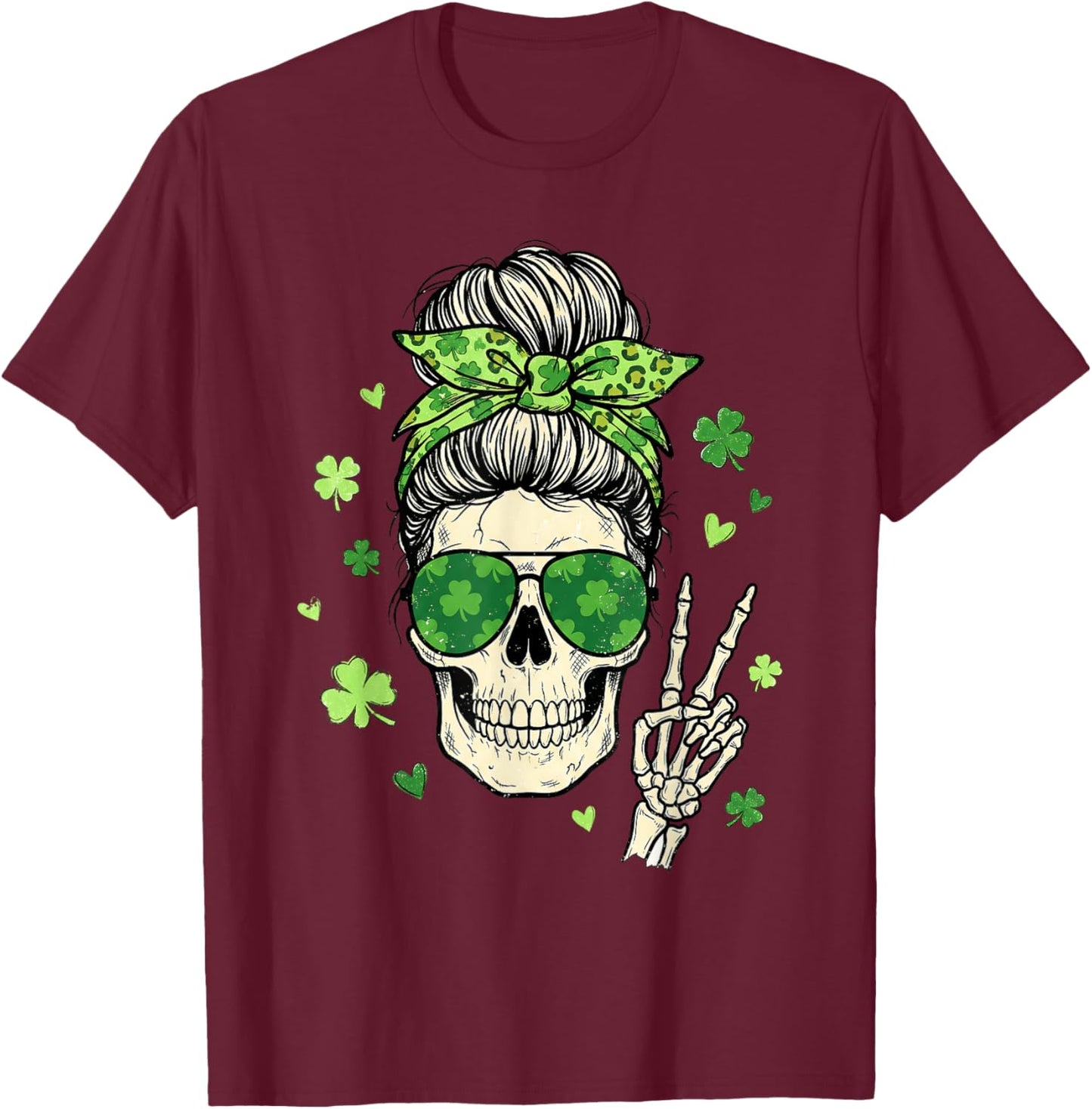Skull Sunglass Messy Bun Irish Funny St Patrick's Day Women T-Shirt - T-Shirt | Maroon