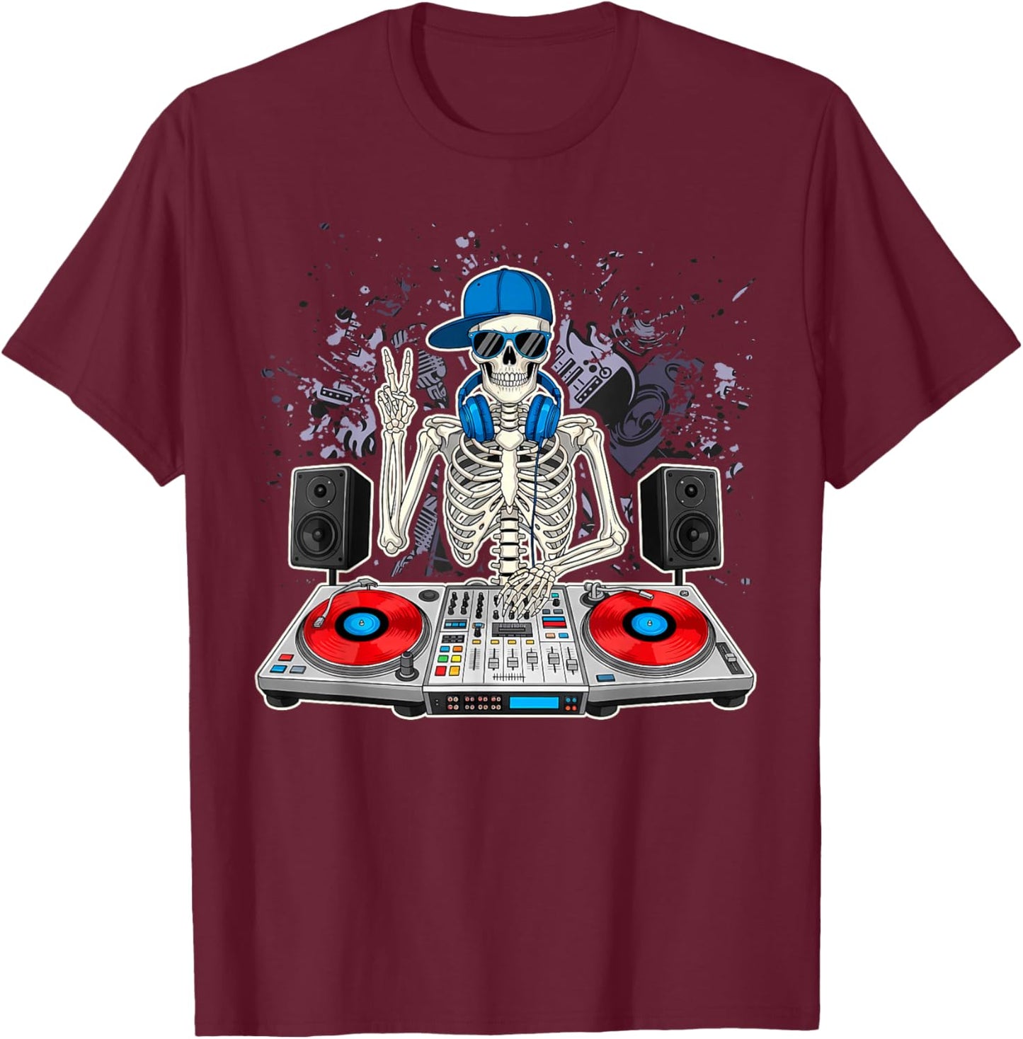 Funny Skeleton DJ EDM Music Boys Men Girls Kids T-Shirt - T-Shirt | Maroon