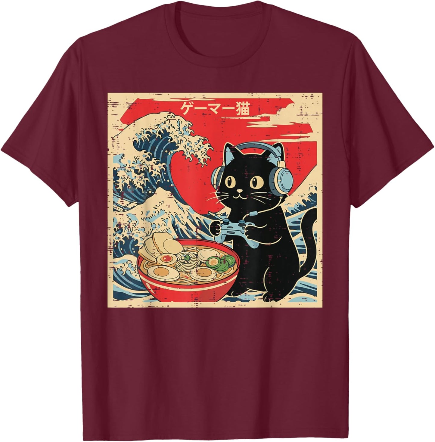 Cat Gaming Ramen Japanese Wave Kawaii Gamer Boys Kids Men T-Shirt - T-Shirt | Maroon
