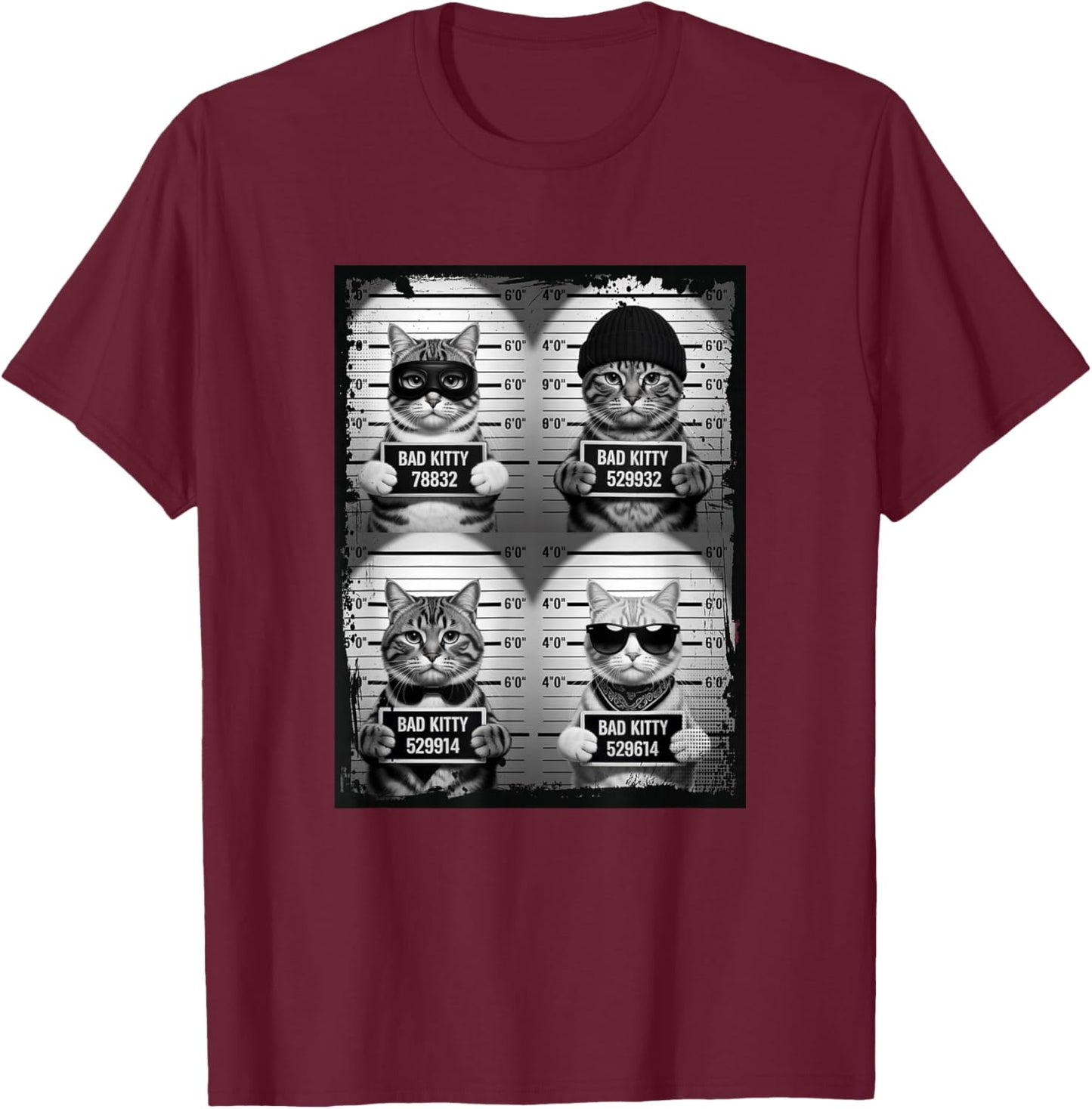 Funny Bad Cats Feline Mugshots T-Shirt - T-Shirt | Maroon